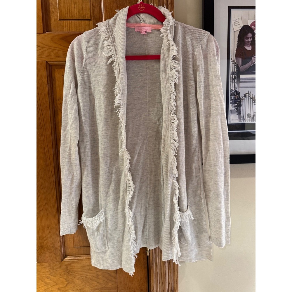 Lilly Pulitzer Fringe Open Front Cardigan Beige Wool Cashmere Blend Small